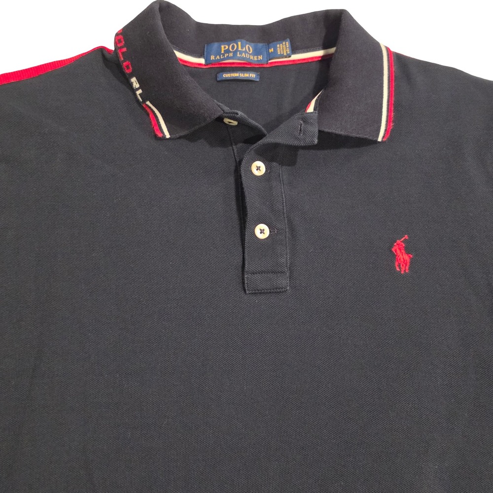 Polo Ralph Lauren Mens Polo Shirt Navy Blue Racing Stripe Custom Slim Fit Medium